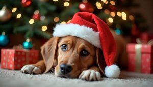 Un câine cu căciulă de Moș Crăciun stă în fața bradului împodobit, lângă cadouri
