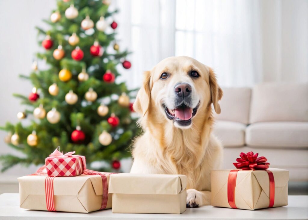 Un câine stă lângă cadourile de Crăciun