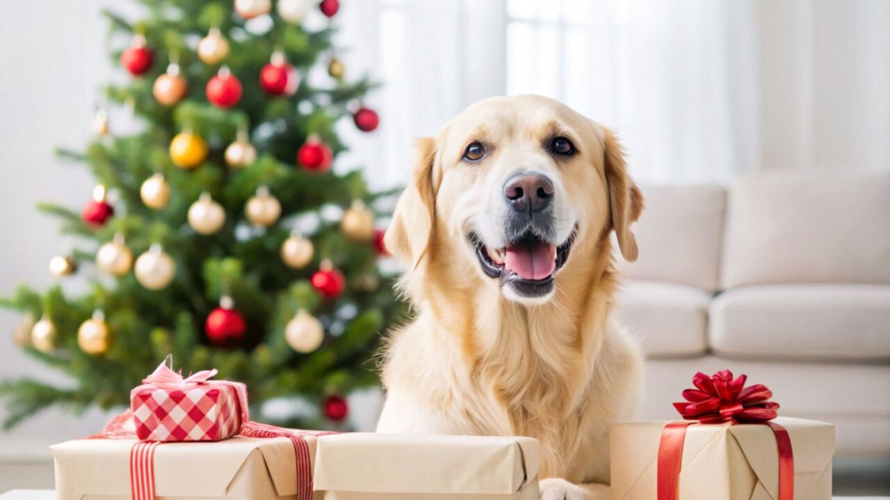 Un câine stă lângă cadourile de Crăciun