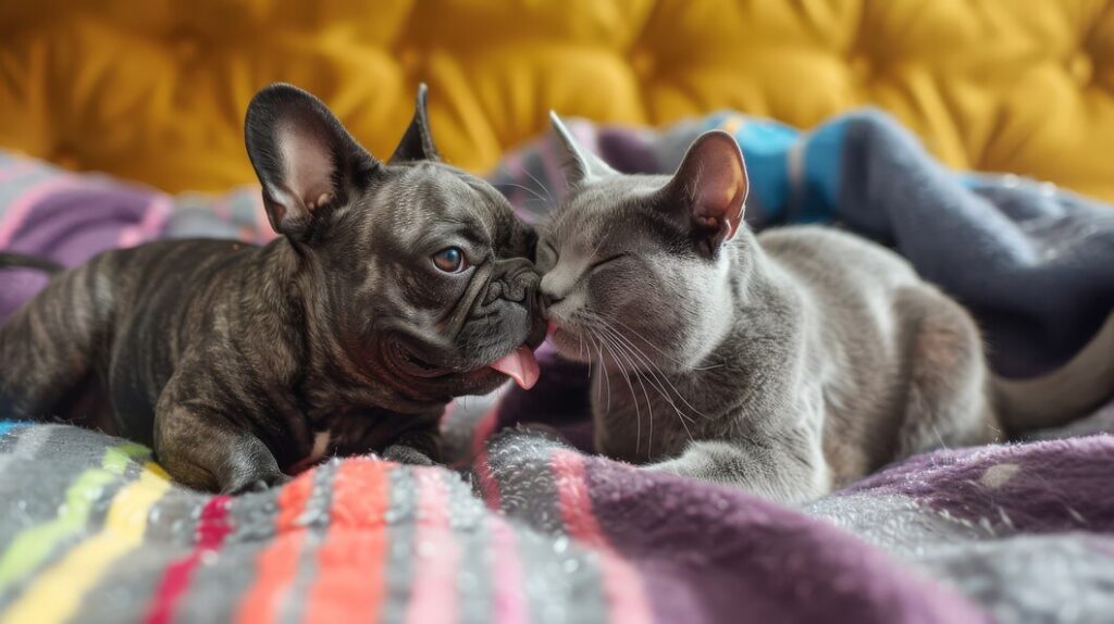 Câine și pisică pe o pătură.