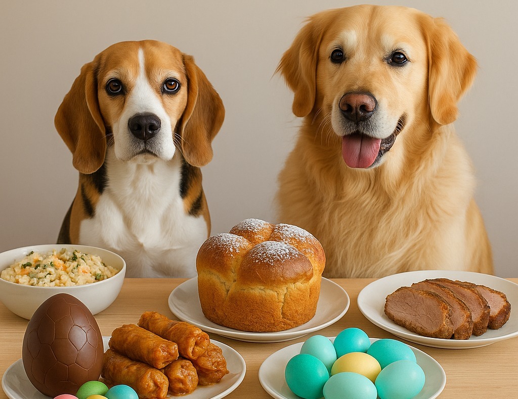 doi caini stau la masa de paste