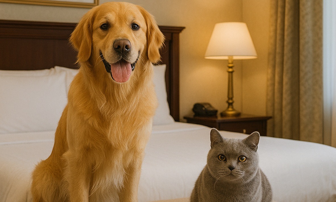 un caine si o pisica in camera de hotel