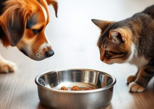 O pisică și un câine privesc un bol cu mâncare.