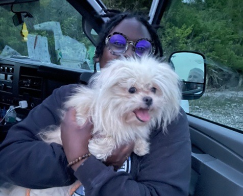 O stăpână își ține câinele în brațe