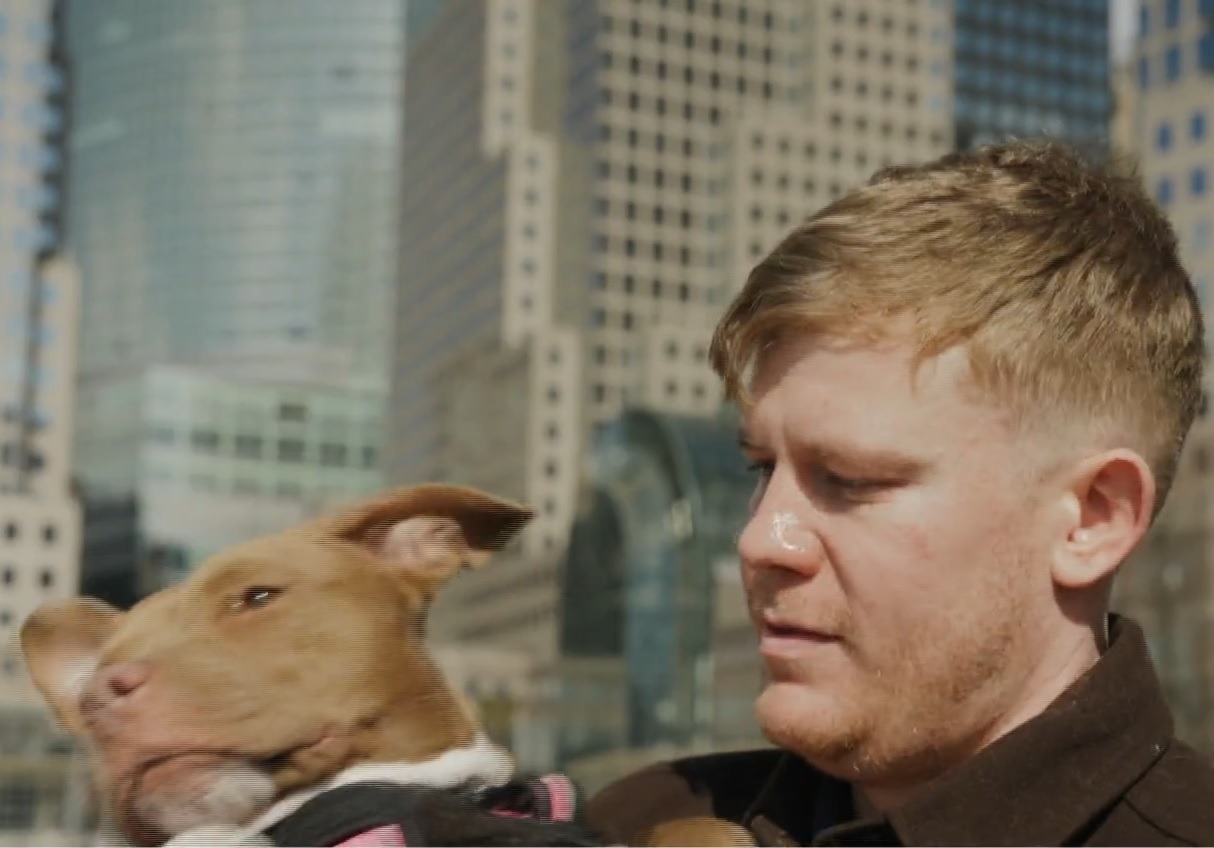 Cățelușa Millie ținută în brațe de stăpânul ei.