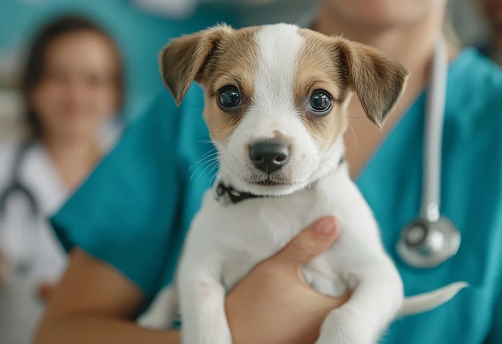 un caine sta in bratele medicului veterinar