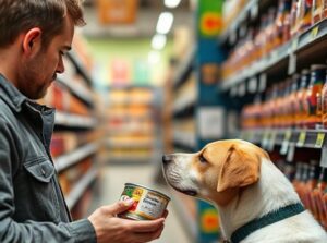 Stăpânul unui câine citește eticheta de pe conserva cu mâncare, într-un magazin cu produse pentru animale de companie.