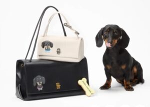 Un cățel stă lângă două genți.