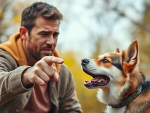 Bărbat cu degetul îndreptat către un câine.