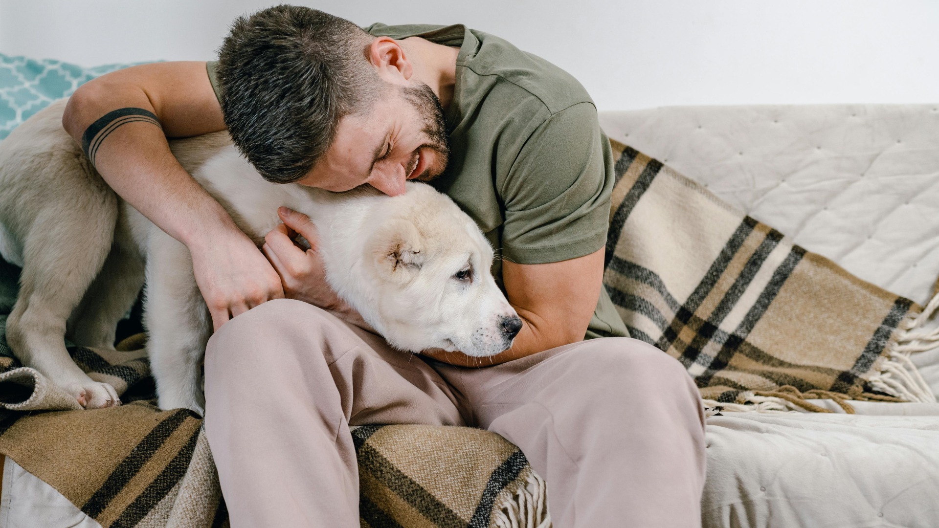 Un bărbat îmbrățișează un câine pe canapea.