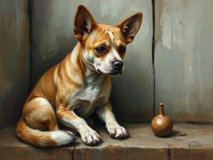 Pictură, câine stând lângă o pară.