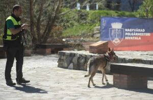 Câine utilitar împreună cu dresorul lui.