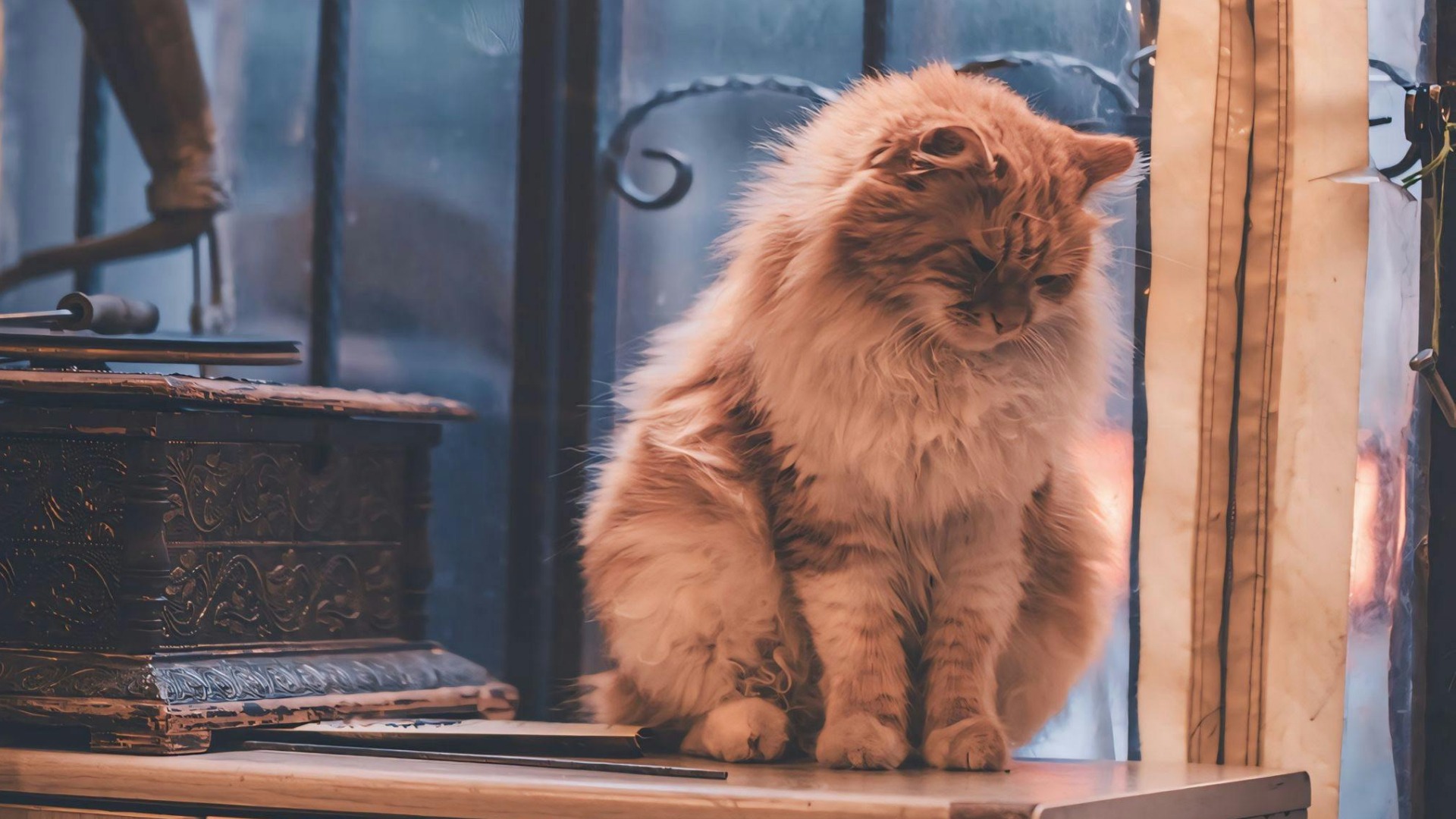 O pisică bătrână stă la pervazul unei ferestre.