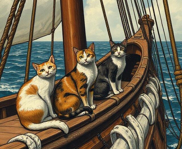 Trei pisici pe o corabie.