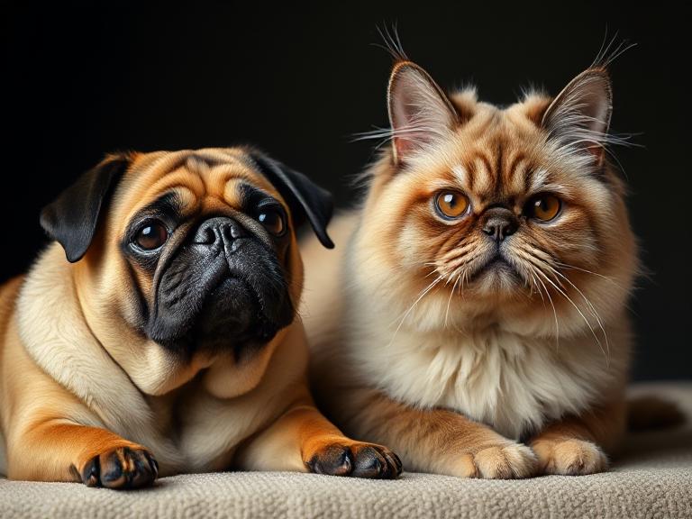 Câine pug și pisică persană