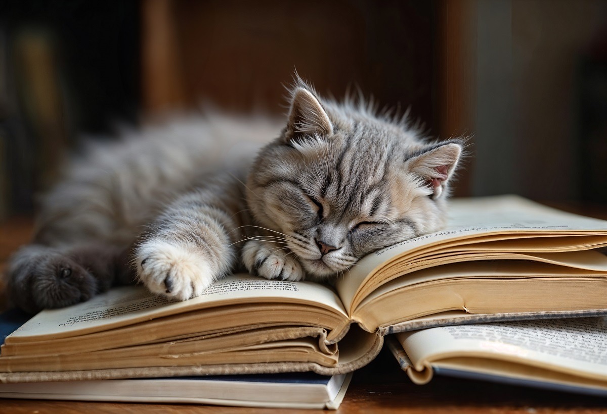 o pisica doarme pe carti