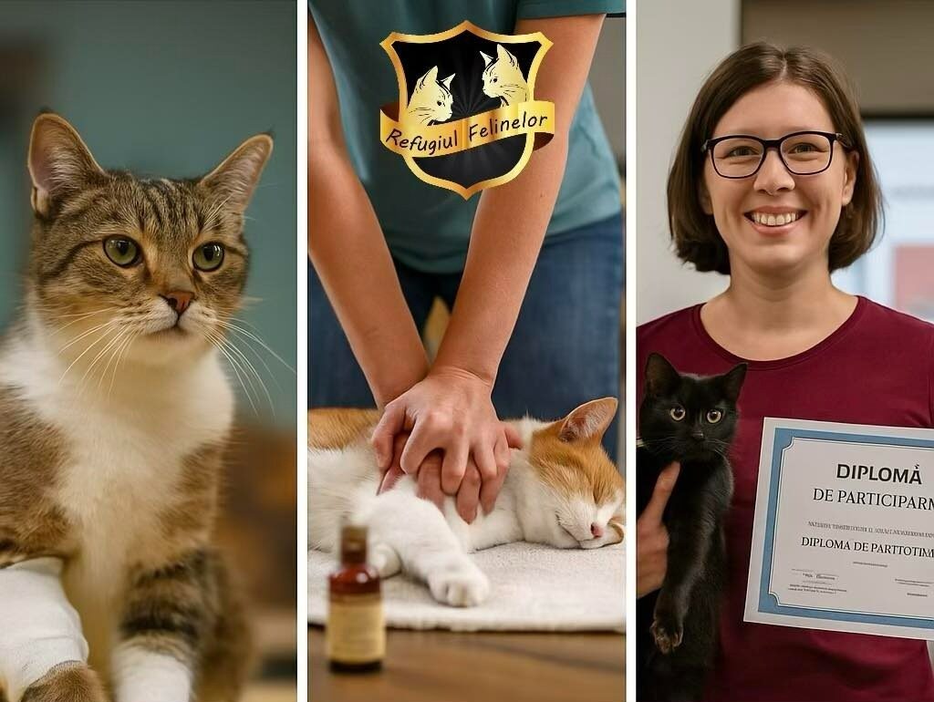 Colaj foto: pisică, lecție de prim ajutor pe animale, cursant cu diplomă