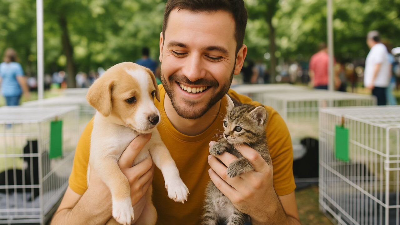 Un bărbat ține în brațe un cățel și un pisoi