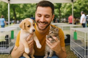 Un bărbat ține în brațe un cățel și un pisoi