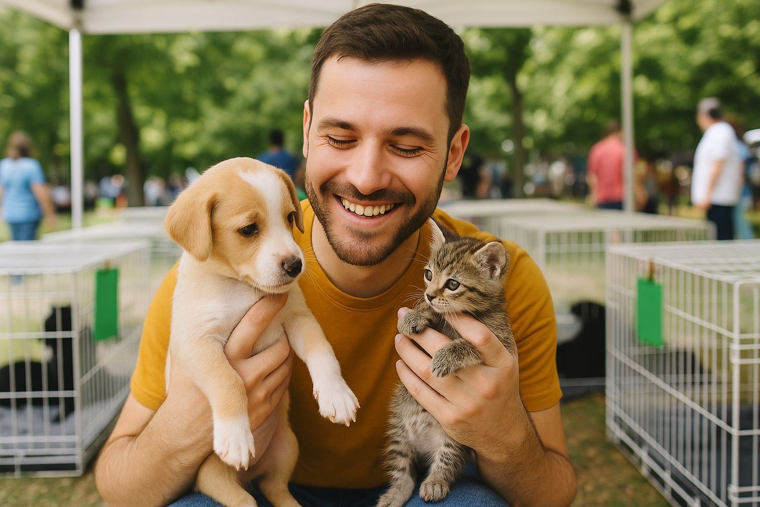 Un bărbat ține în brațe un cățel și un pisoi