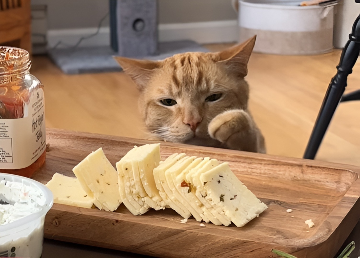 O pisică portocalie îninde lăbuța spre feliile de brânză de pe masă