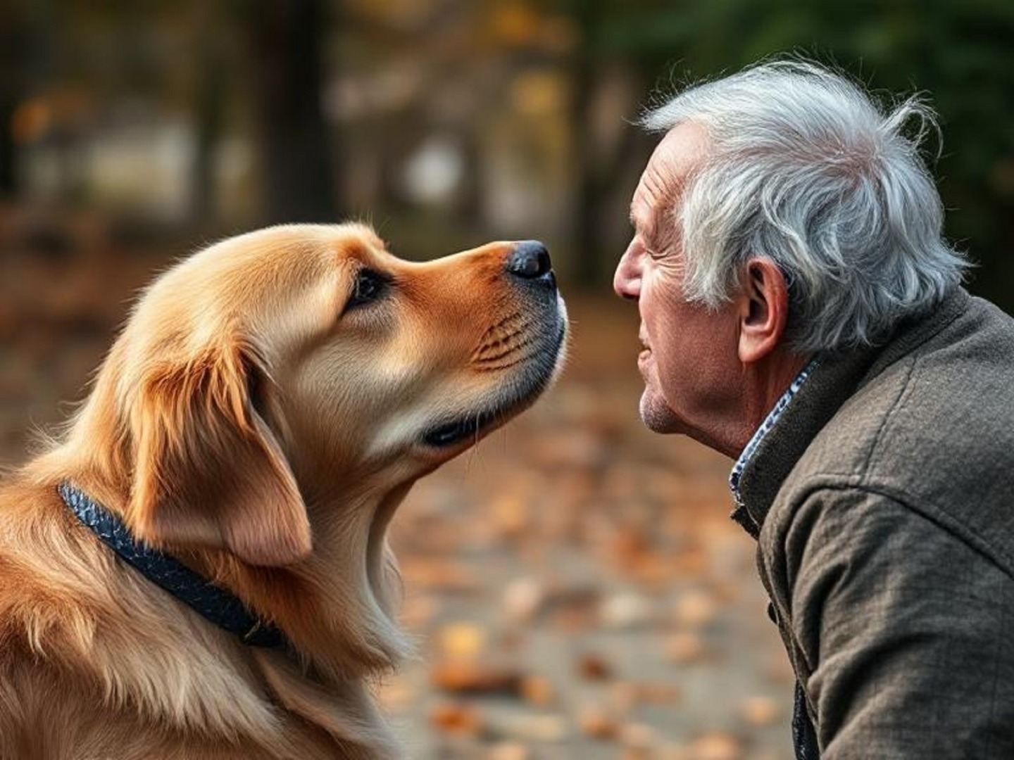 Câine Golden Retriever alături de un bărbat în vârstă