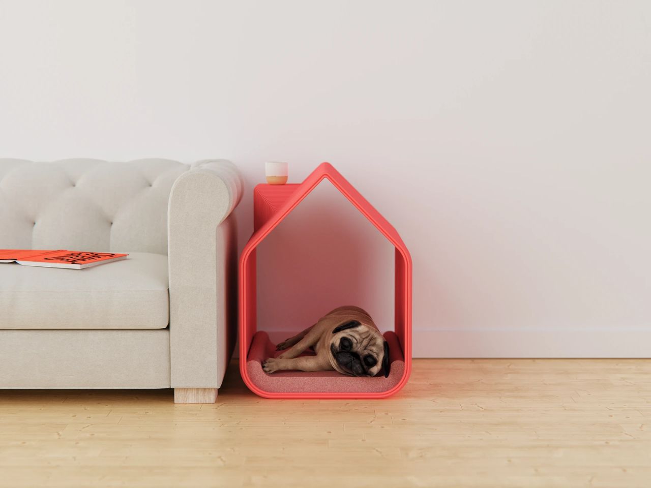 Un câine într-o căsuță printată 3D