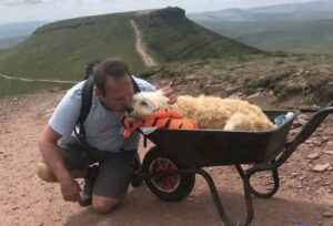 Un bărbat alături de câinele lui, pe munte