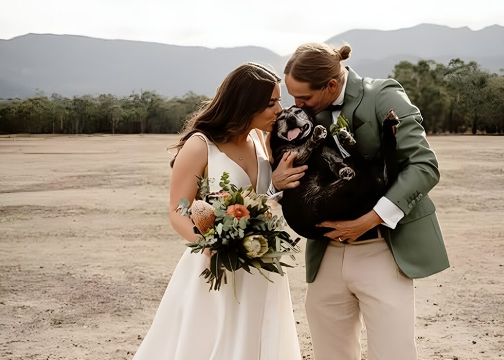 Doi tineri în ziua nunții, alături de un câine