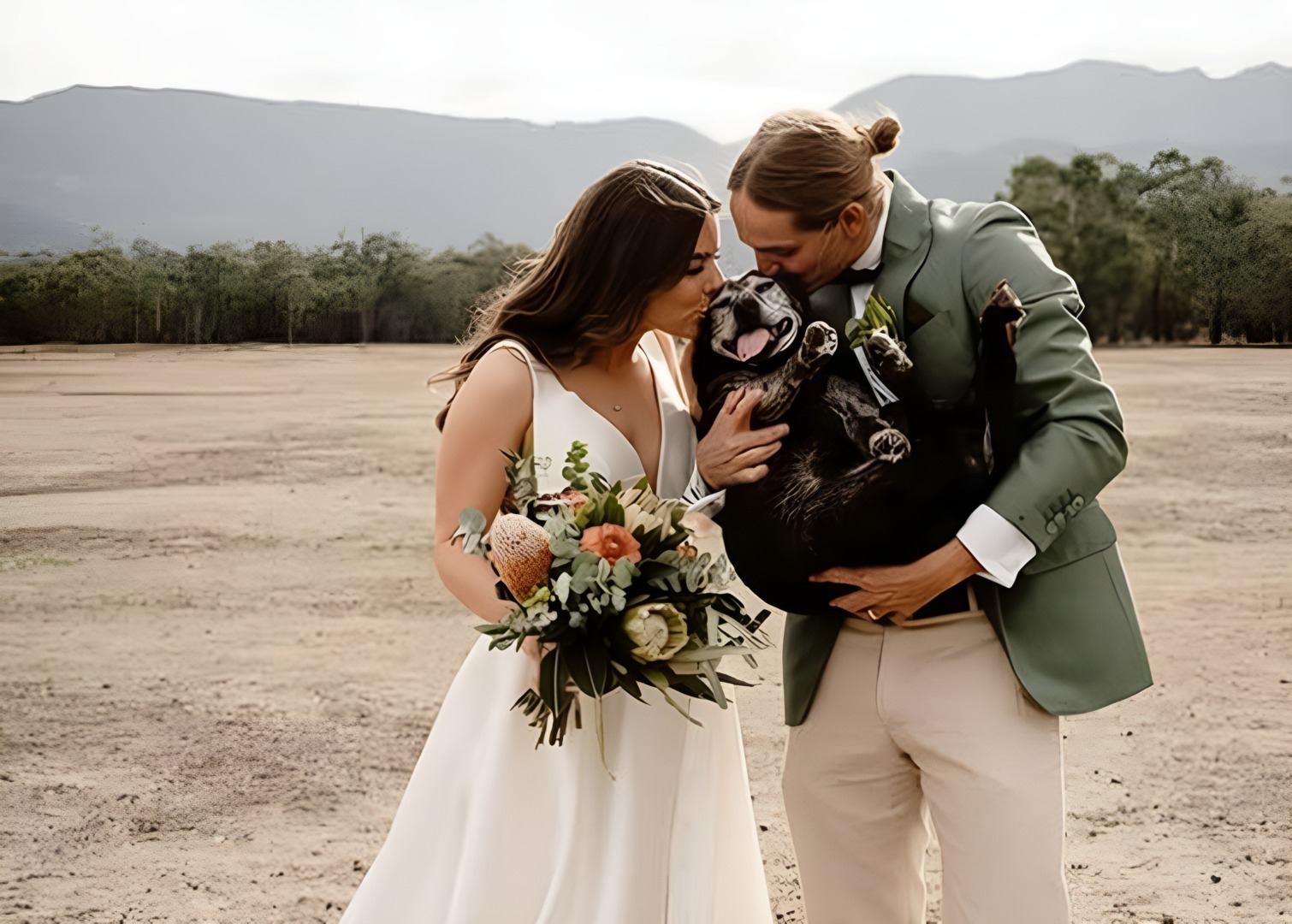 Doi tineri în ziua nunții, alături de un câine