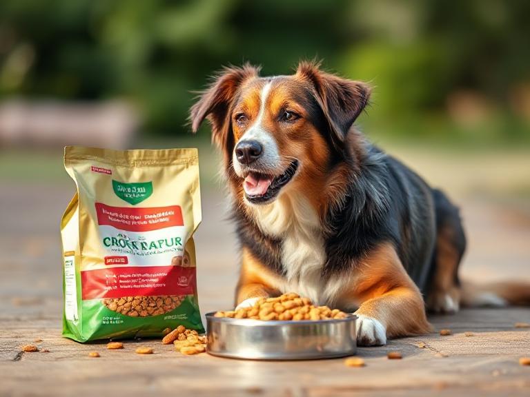 Câine lângă un bol și un sac cu mâncare