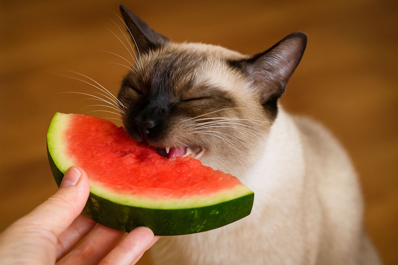 O pisică mănâncă pepene roșu