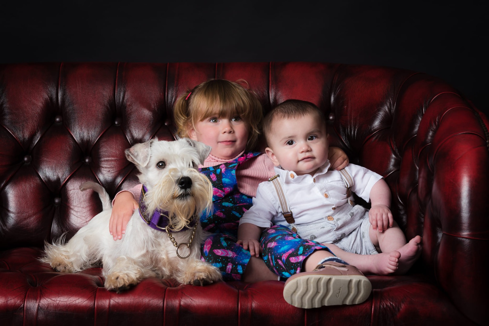 Doi copii alături de un câine, pe canapea