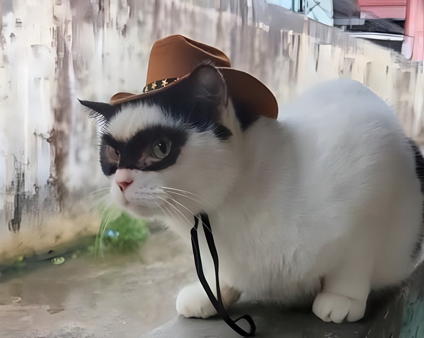 Motan alb cu pete negre la ochi și cu pălărie pe cap