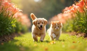 cainele si pisica se plimba printre flori