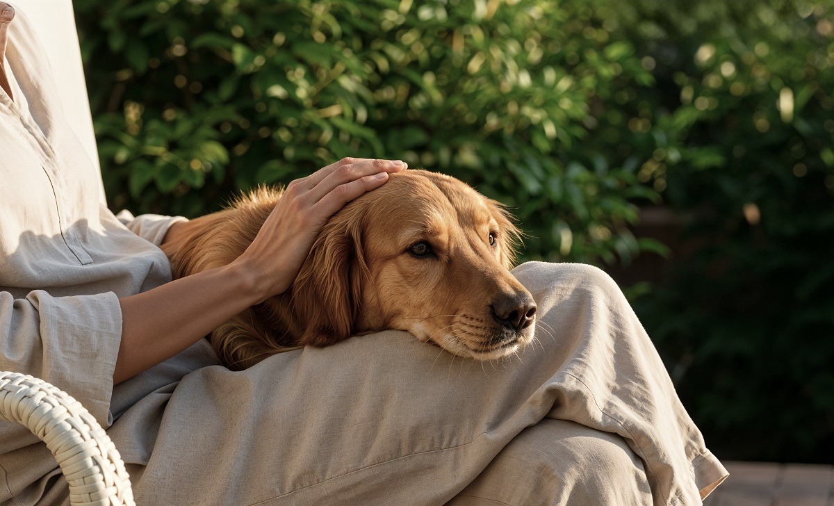 cainele sta pe picioarele stapanului