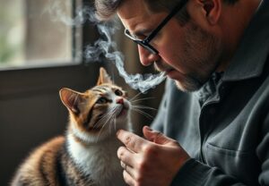 Un bărbat cu ochelari fumează foarte aproape de o pisică