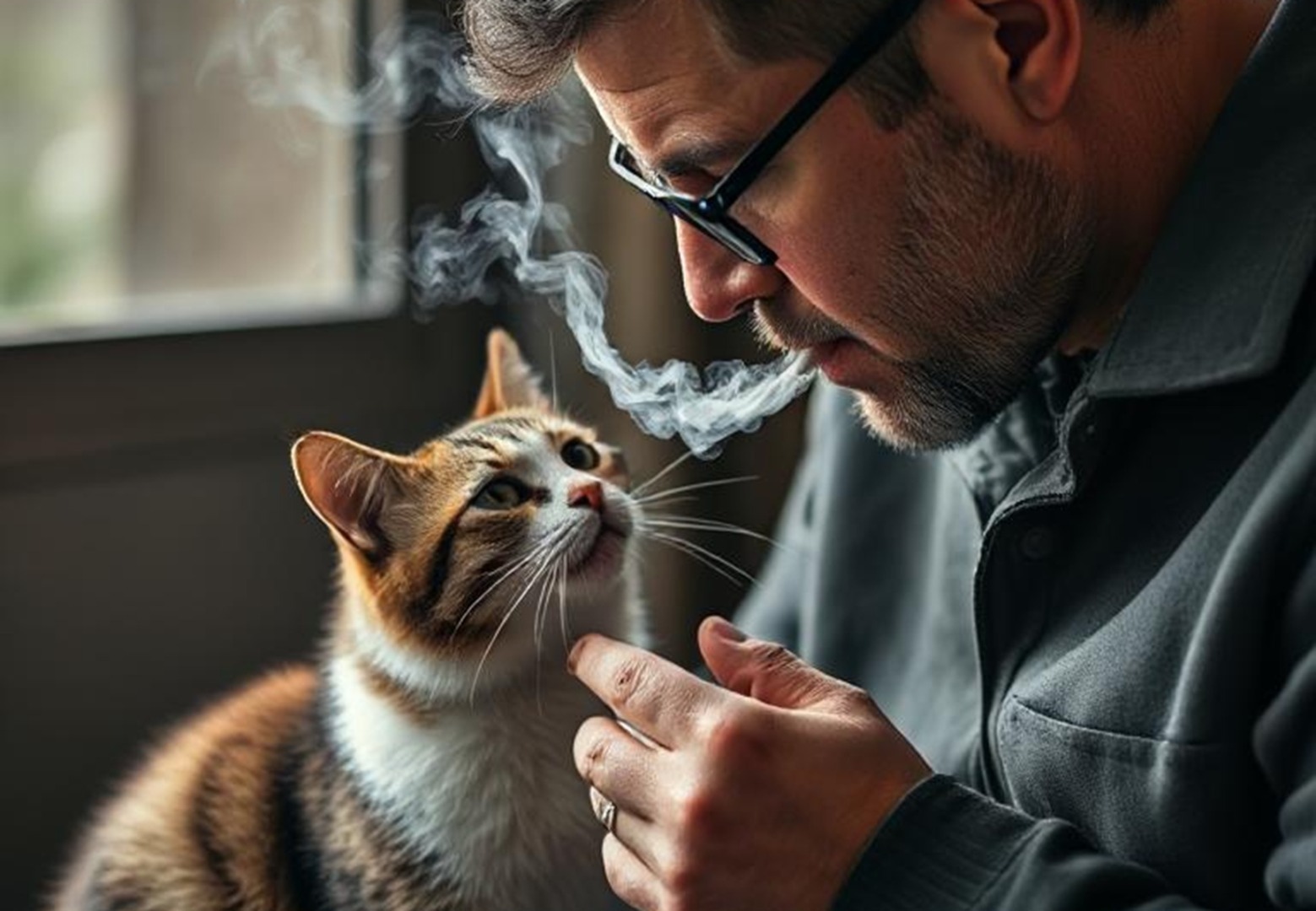 Un bărbat cu ochelari fumează foarte aproape de o pisică