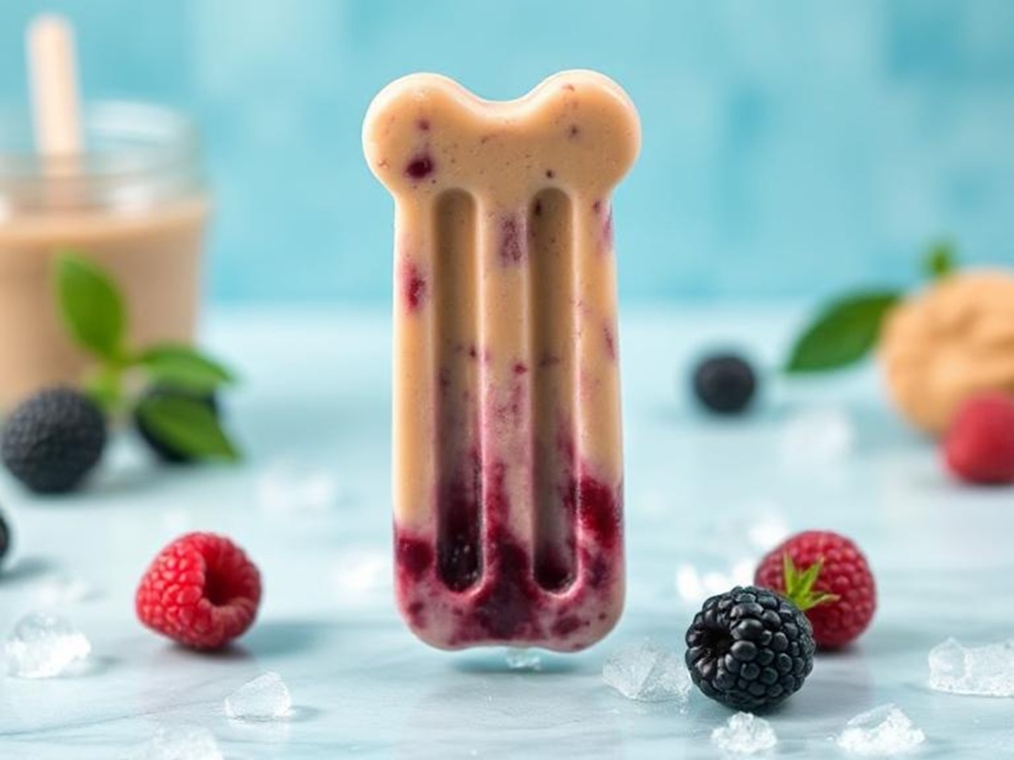 Înghețată în formă de os așezată pe o masă pe care se află mure, zmeură și un pahar