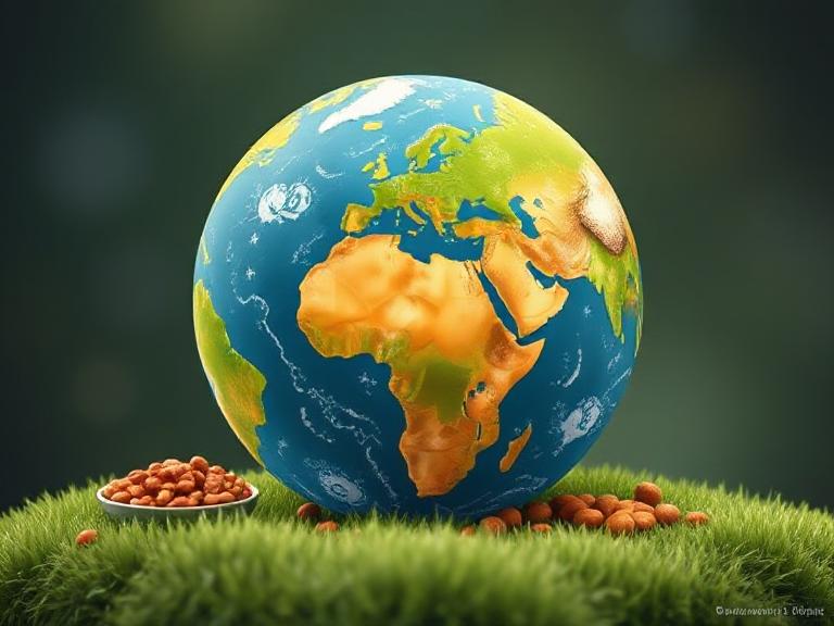 Planeta Pământ așezată pe o bucată de gazon având alături un bol cu hrană pentru animale