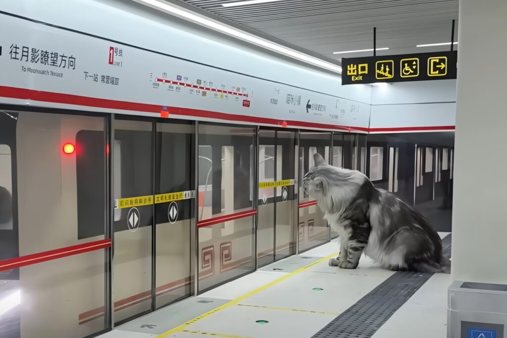 O pisică într-o stație de metrou în miniatură