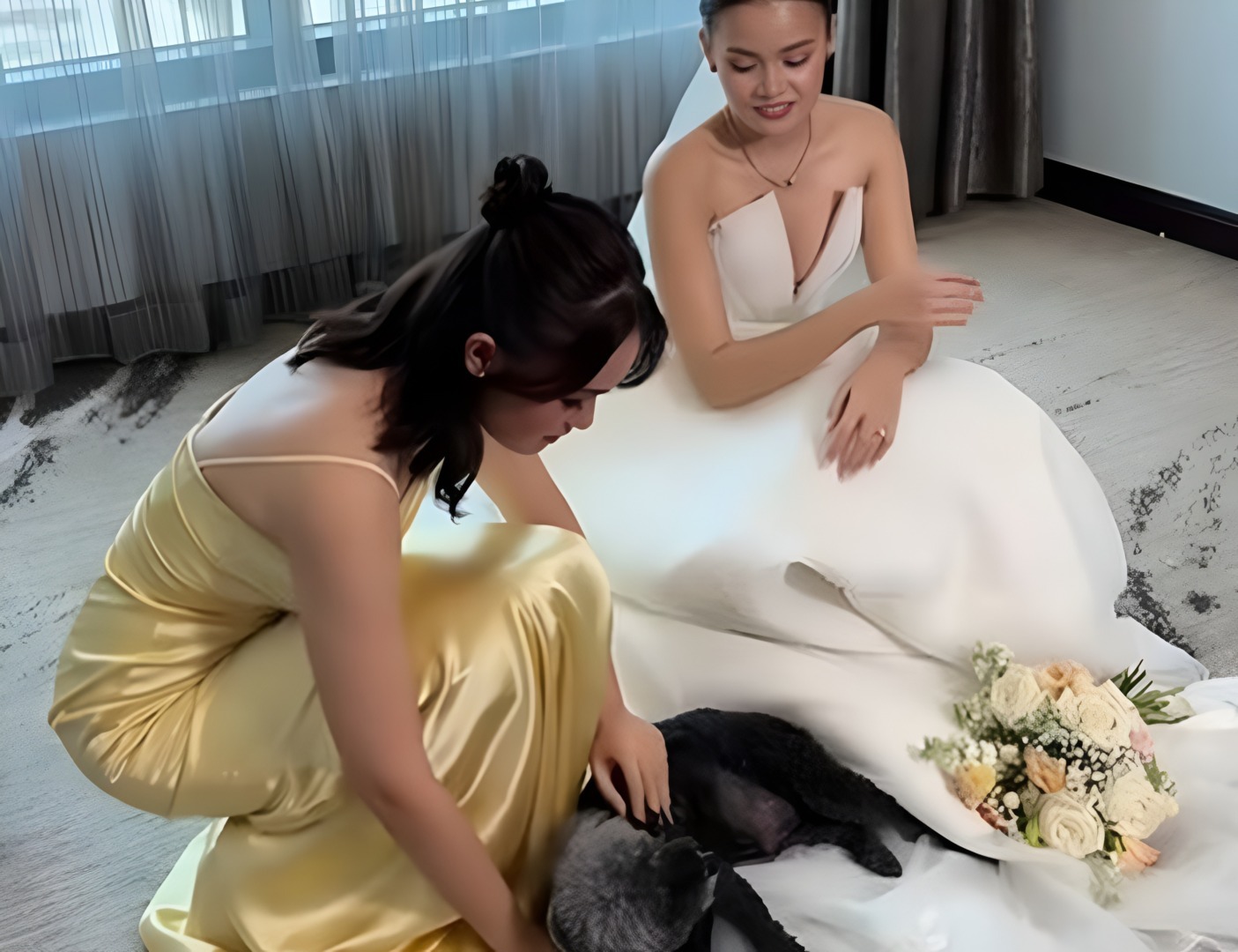 Un câine doarme pe roachia unei mirese, iar o tânără îl ridică