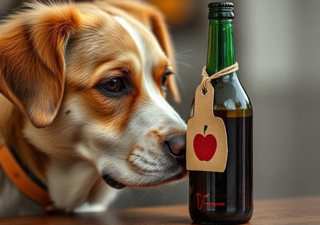 Un câine se uită la o sticlă pe a cărei etichetă este desenat un măr