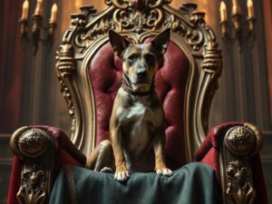 Câine așezat pe tron