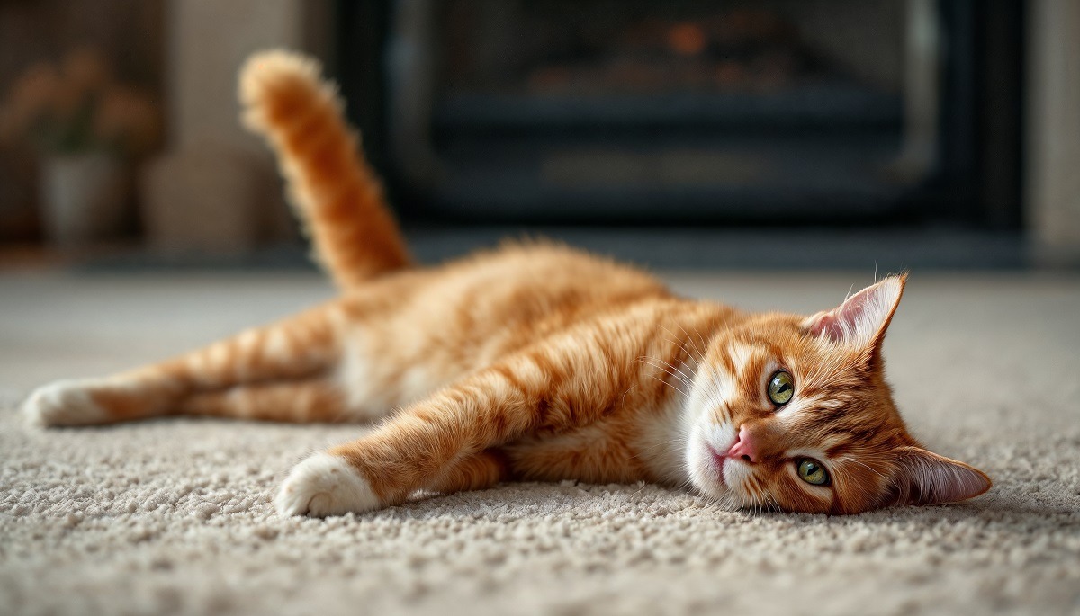 pisica portocalie sta intinsa pe covor