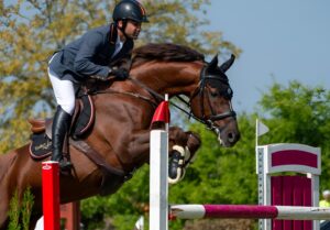 Un cal care poartă în spate un călăreț sare peste un obstacol la un concurs de echitație