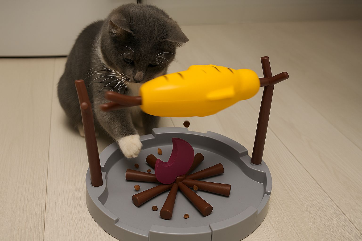 Pisică cu gri și alb jucându-se cu un pește galben din care cad bobițe