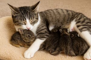 Pisică cu propriii pui și un iepuraș sălbatic adoptat