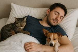 Bărbat dormind cu caine si pisica