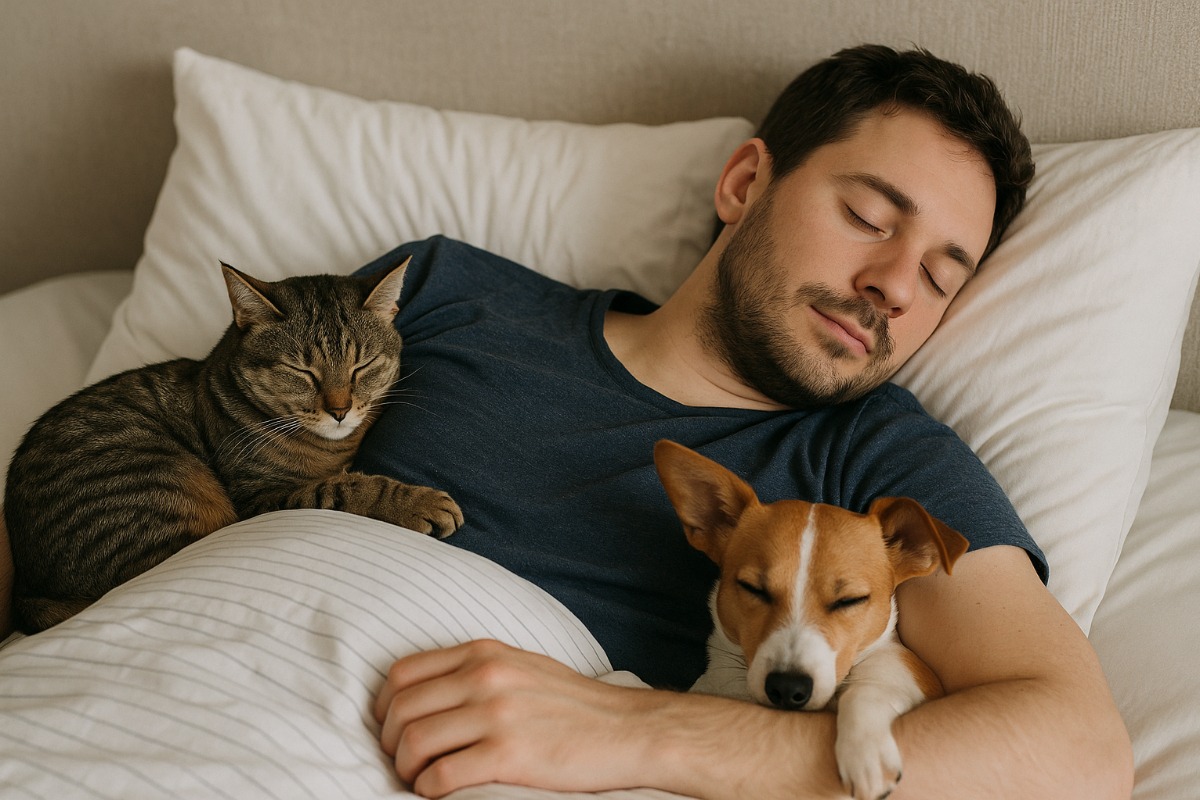 Bărbat dormind cu caine si pisica